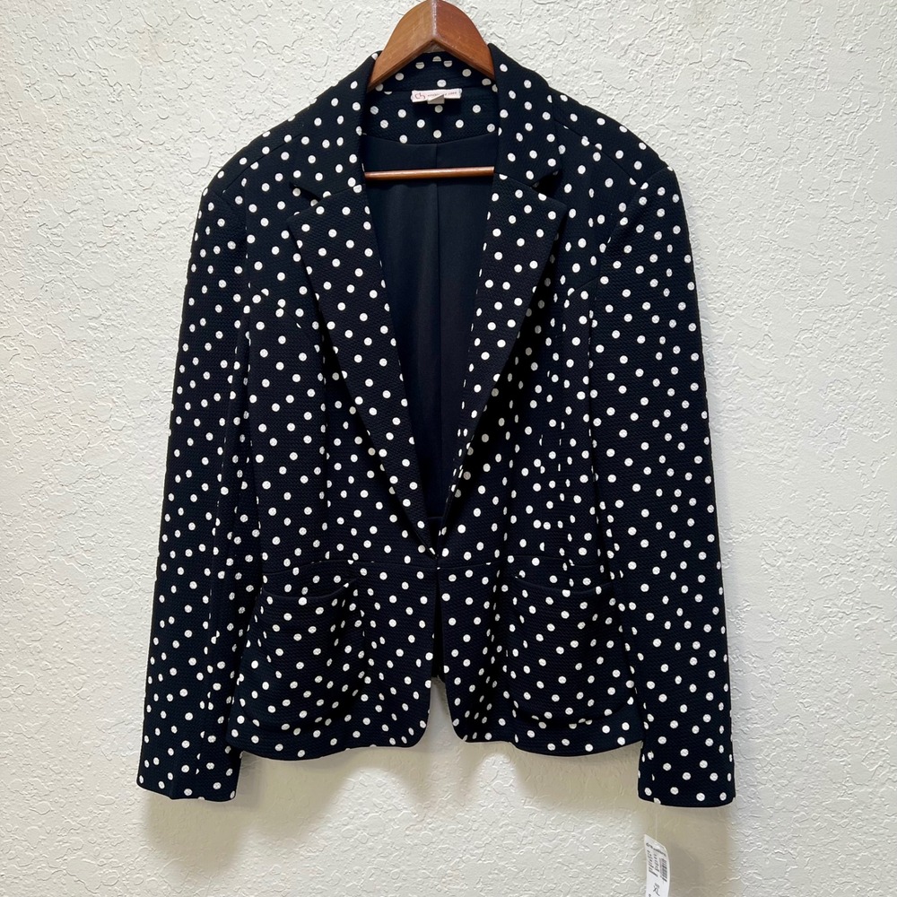Dressbarn Womens XL NWT Polka Dot Blazer Black White Hook Eye Closure Textured